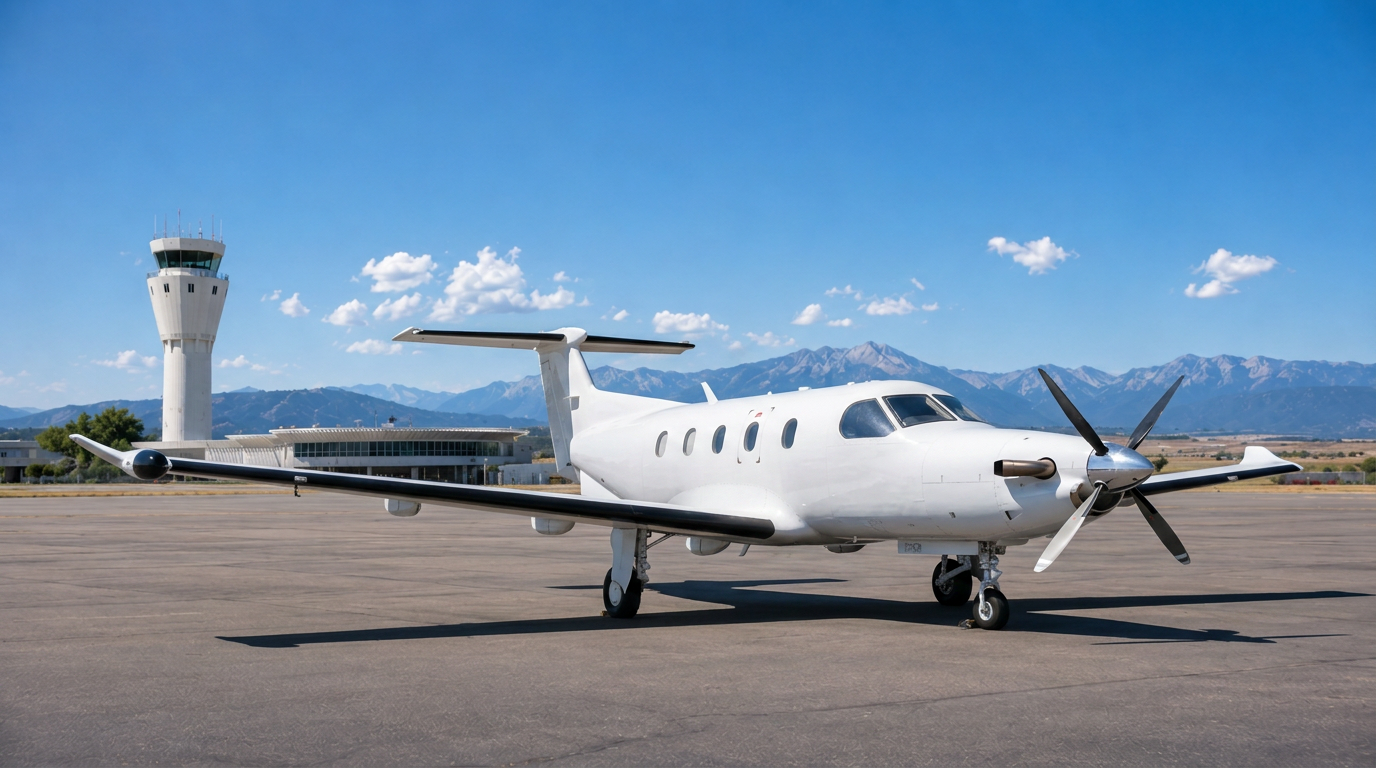 King Air turboprop on the ramp with the Rocky Mountains in the background