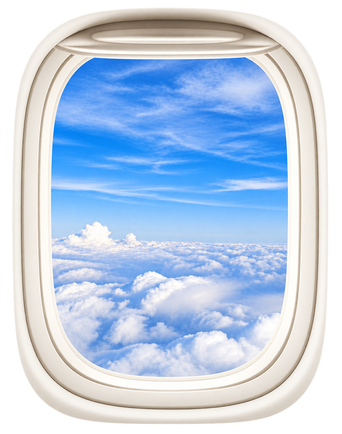 View of clouds and sky through an aircraft passenger window in flight