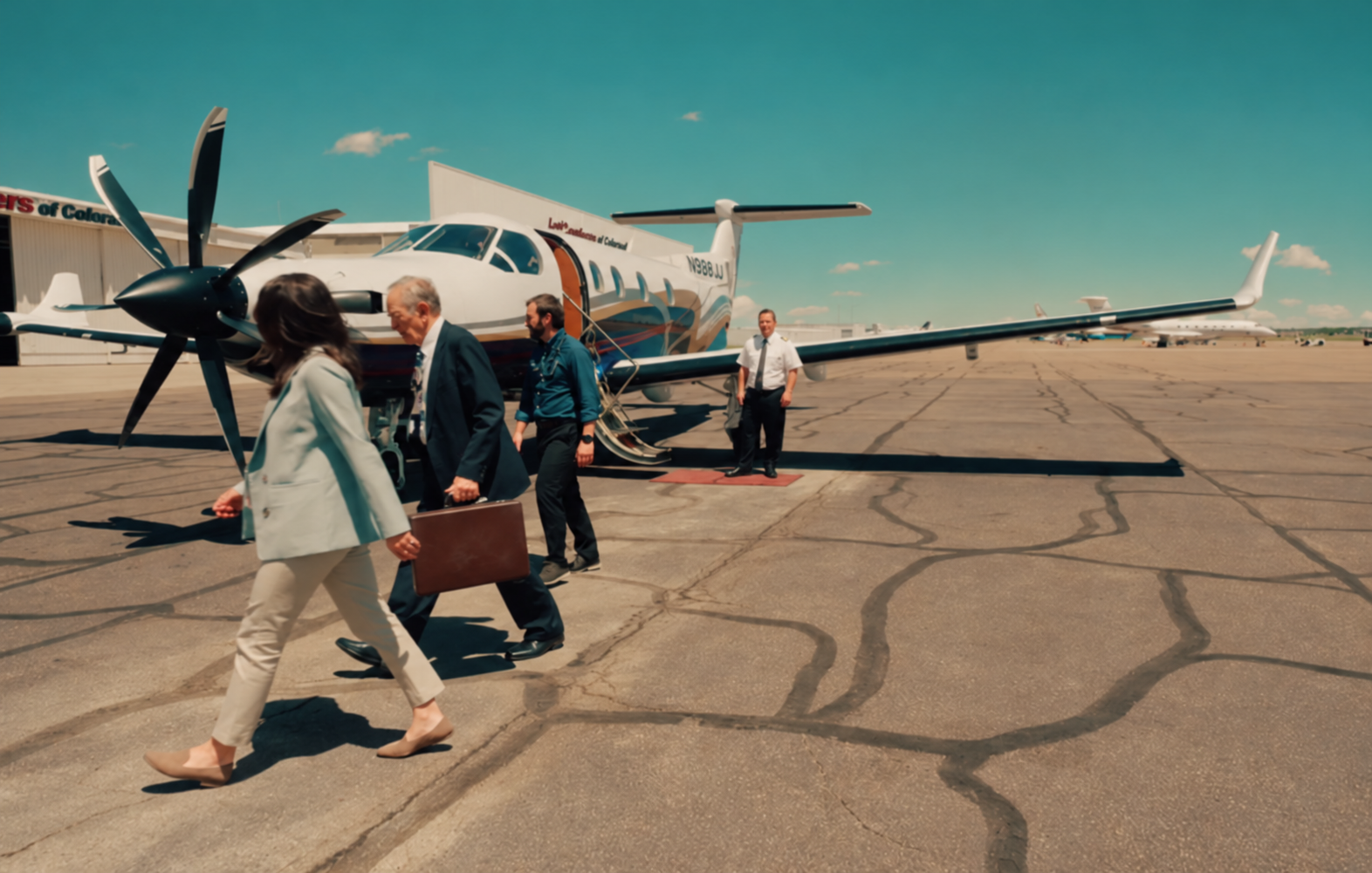 Passengers walking from a Skyroads Pilatus PC-12 after arriving at a rural airport