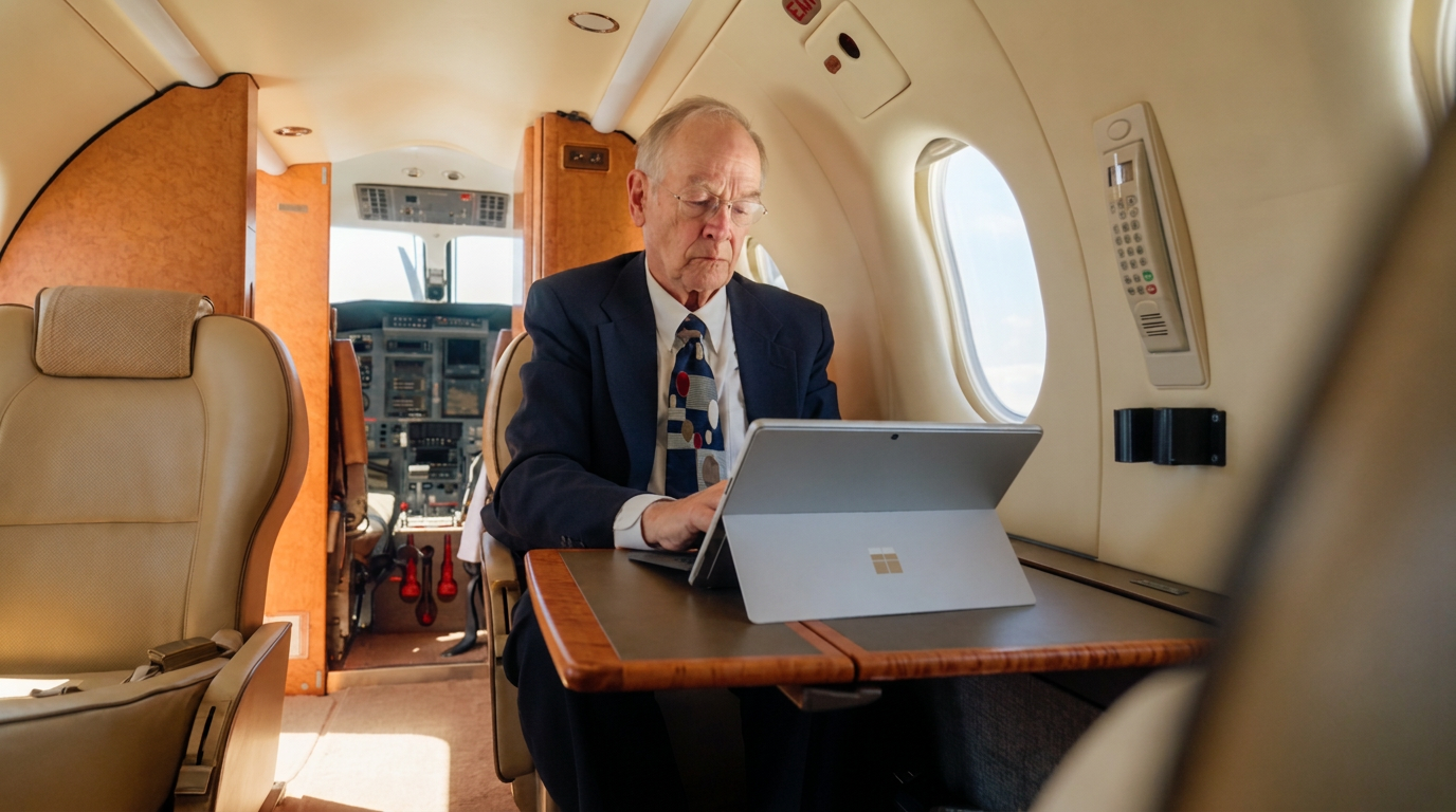Passenger working on a laptop at a cabin table in natural light