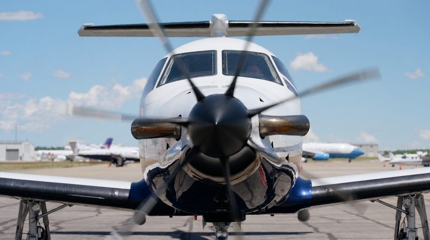 Head-on view of a Skyroads Pilatus PC-12 with its propeller turning on the ramp